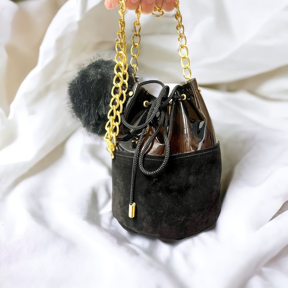 Handmade Black Suede and Vinyl Bucket Bag with PomPom - Picture 3 of 6
